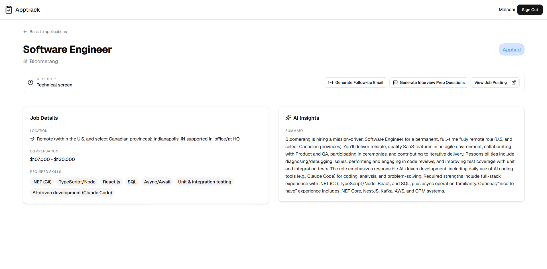 Application detail page